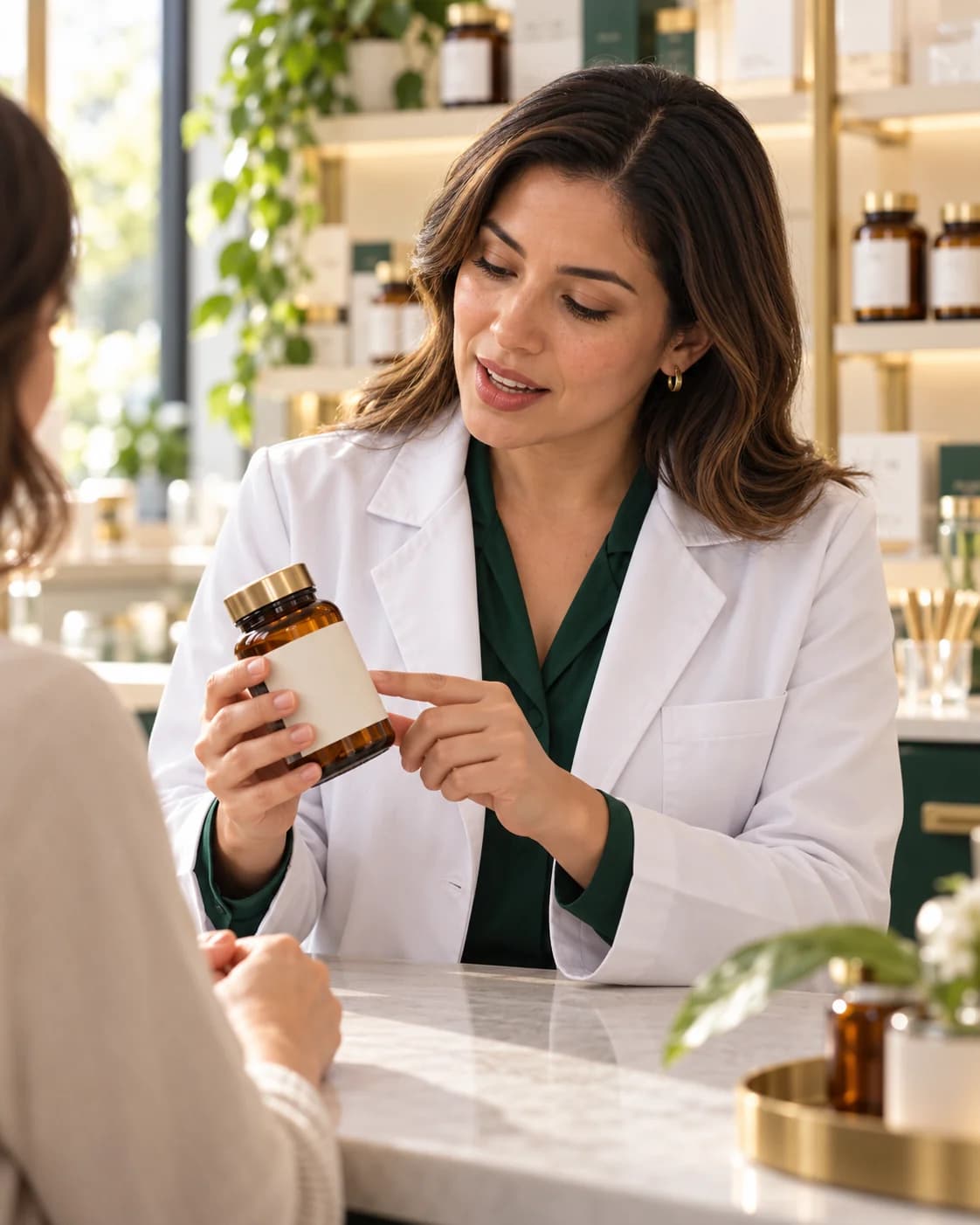 Farmacéutica de Trieste Farma brindando orientación profesional en mostrador botánico
